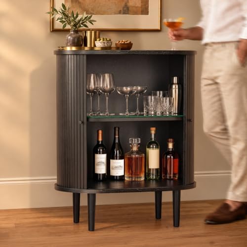 28'' Fluted Black Bar Cabinet with Sliding Doors, Hidden Storage and Adjustable Shelf - Modern Liquor Cabinet and Narrow Wine Bar, Small Coffee Station, 28 Inch Wide Sideboard Buffet (Black Oak)