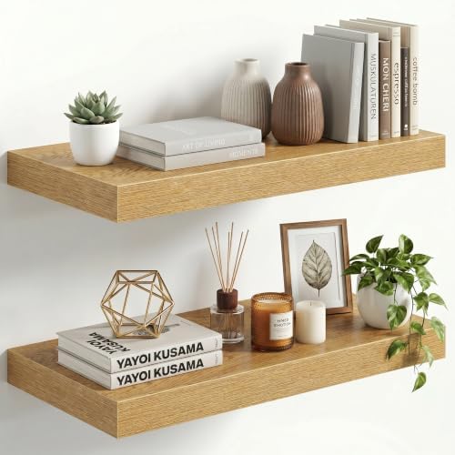 12" Deep Floating Shelves for Wall, 30" Long Oak Finish Wall Shelves, Set of 2, 2" Thick Rustic Storage Shelves with Invisible Brackets for Living Room Bedroom Kitchen