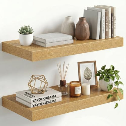 12" Deep Floating Shelves for Wall, 30" Long Oak Finish Wall Shelves, Set of 2, 2" Thick Rustic Storage Shelves with Invisible Brackets for Living Room Bedroom Kitchen