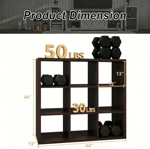 CTESNE【Wooden Thick Frame 9 Cube Storage Organizer Shelf with Anti-Tipping Kits + Reversible Open Back Bookcase, Horizontal and Vertical Dual-use Standing Bookshelf（Chocolate,13inch）