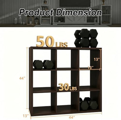 CTESNE【Wooden Thick Frame 9 Cube Storage Organizer Shelf with Anti-Tipping Kits + Reversible Open Back Bookcase, Horizontal and Vertical Dual-use Standing Bookshelf（Chocolate,13inch）