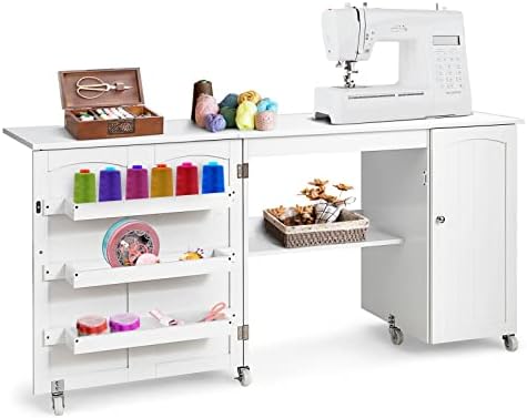 GIANTEX 62.5" Large Folding Sewing Table with Storage Cabinet & Shelves