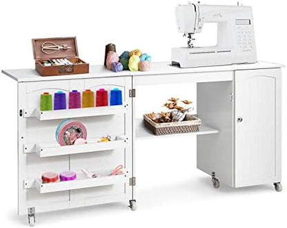 GIANTEX 62.5" Large Folding Sewing Table with Storage Cabinet & Shelves