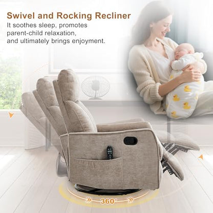 Manual Swivel Rocker Recliner Chair for Adults, Overstuffed Glider Chair for Nursery with Massage and Heat, Living Room Reclining Chair, Fabric Khaqi