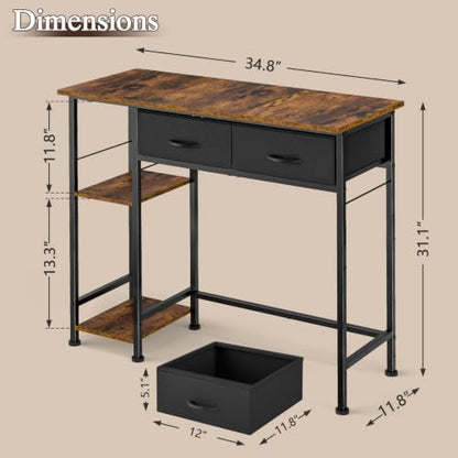 DAOUTIME Small Computer Desk, 36 Inch Writing Desk with Drawers & Storage Shelves, Home Office Writing Desk for Small Spaces, Bedroom, Living Room, Dorm, Rustic Brown