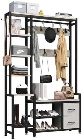 Hall Tree for Entryway 43", Bench with Shoe Storage, Large Coat Rack Shoe Bench with 5 Tier Shelves, 5 in 1 Design Front Door Shoe Rack and Wall Rack Hooks, and 2 Drawers (Rustic White)