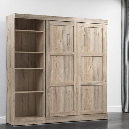 Bestar Pur Full Murphy Bed with Shelving Unit, 84-inch Space-Saving Sleeping Arrangement for Multipurpose Room in Rustic Brown