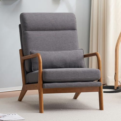Accent Chair with Cushion, Mid-Century Modern Upholstered Single Reading Armchair High Back Sofa with Linen Fabric + Solid Wood Frame for Living Room, Bedroom, Lounge, Balcony (Grey)