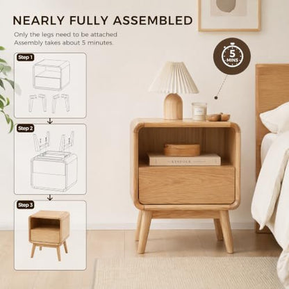 Solid Wood Nightstand Set of 2, Mid Century Modern Nightstands with Drawer, Small Nightstand with Open Storage, Small Bedside Table for Bedroom, Dormitory(Natural Wood Color)