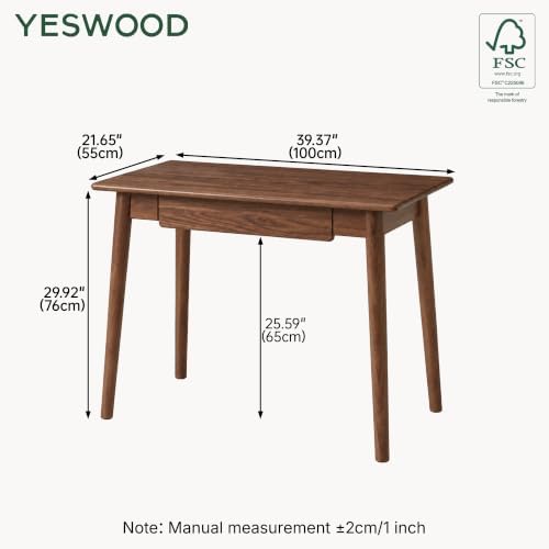 100% Solid Wood Home Office Desk, Oak Wood Writing Desk, Modern Computer Desk with Drawer for Sturdy Home Office Writing 39.37" W Walnut Color