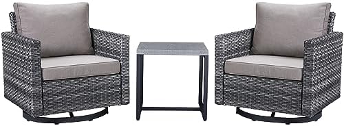 Belord Outdoor Bistro Set 3 Piece Wicker Swivel Rocker Patio Chairs, Oversize Outdoor Rattan Seating Set, Patio Swivel Glider Chairs Wicker Furniture with Metal Side Table for Outside Porch Backyard