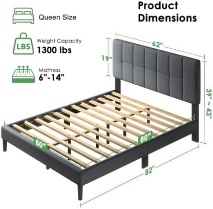 Marsail Upholstered Queen Bed Frame with Headboard, Modern Bed Frame, Gray
