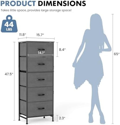 DUMOS Nightstand with 5 Fabric Drawers, Skinny Dresser
