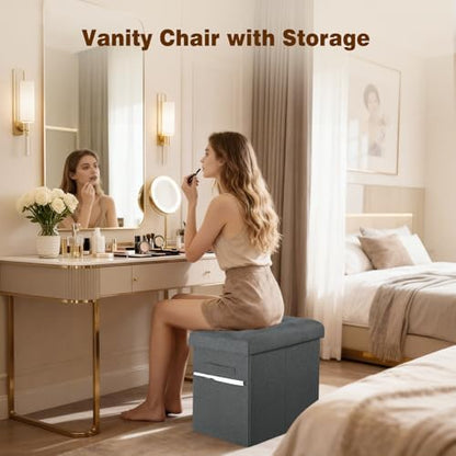 Storage Ottoman, Upgraded 17" High Folding Linen Foot Rest Dark Grey