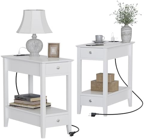 End Tables Living Room Set of 2 with Charging Station and 2 Drawers