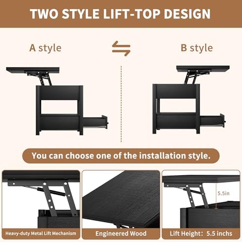 SYESWAY 42'' Lift Top Coffee Table with Storage Drawers, Black