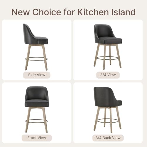 Counter Height Bar Stools Set of 4, Modern Swivel Barstools with Back and Wood Legs, Faux Leather Upholstered Bar Chairs, 26" Seat Height Counter Stools for Kitchen Island,Black