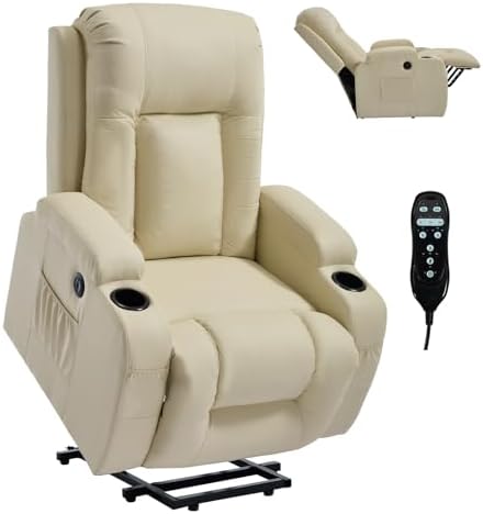 Trustyue Power Lift Recliner Chair with Heat and Massage, Lift Chairs for Standing Assistance, 2 Cup Holders, 4 Pockets, USB Charge Port (Light Yellow, Breathable Leather)