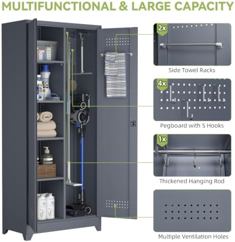 Metal Tool Storage Cabinet, Broom Closet with Hooks, 72.8" Tall Garage Cabinet with Shelves, Heavy-Duty Cleaning Storage for Utility Room, Gym, Office, Garage