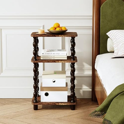 Retro End Table, 3-Tier Small Side Table, Narrow Couch Side Table for Small Spaces, Farmhouse End Table, Modern Accent Table, Skinny Bedside Table Nightstand for Bedroom, Living Room (Rustic Brown)