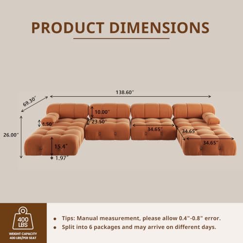 Modern Velvet Sectional Sofa, U Shape Minimalist Modular 6-Seater Couch with 2-Ottomans for Living Room Office Apartment (138in/Orange)