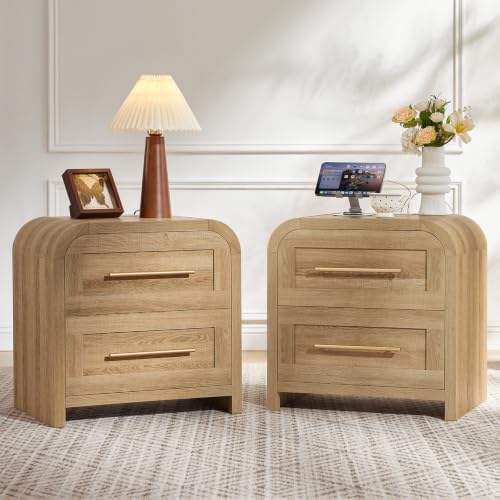 Oak Night Stand Set 2 with Charging Station, Natural Oak