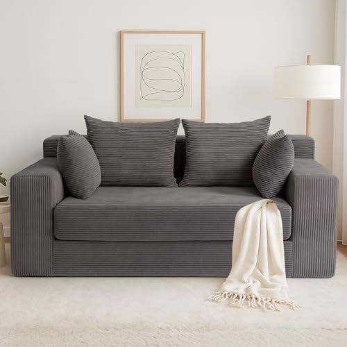 Convertible Sofa Bed, 3 in 1 Loveseat Folding Couch Bed Foldable - Boneless Couch & Floor Futon, Corduroy Pull Out Sofa Bed with 4 Pillows for Living Room, Grey