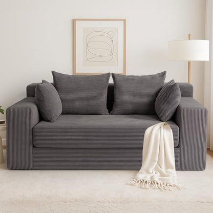 Convertible Sofa Bed, 3 in 1 Loveseat Folding Couch Bed Foldable - Boneless Couch & Floor Futon, Corduroy Pull Out Sofa Bed with 4 Pillows for Living Room, Grey