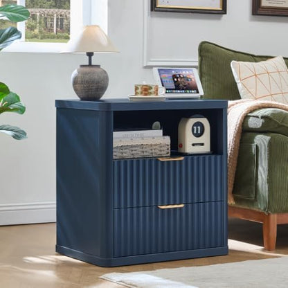 LEYAOYAO Fluted Nightstand Set of 2 with Charging Station,23" Farmhouse Nightstand with Woodgrain Top,Blue 3 Drawer End Table w/Storage, BedsideTables for Bedroom, Living Room, Curved Profile