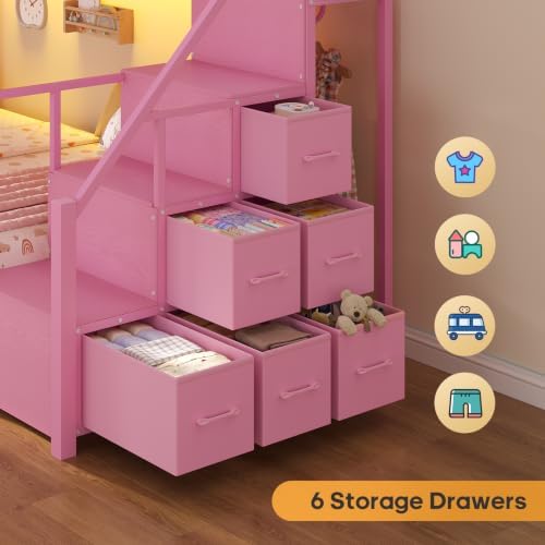 Bunk Bed Twin Over Twin with Stairs, Storage Drawers and LED Lights