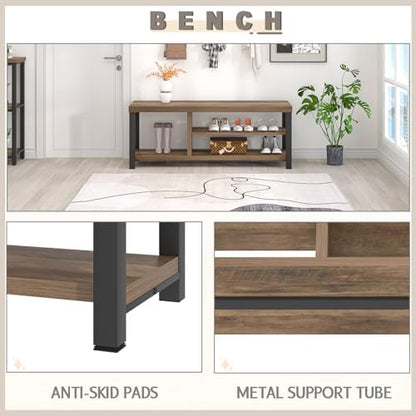 Shoe Bench for Entryway, Wood and Metal Indoor Bench with Shoe Storage and Seating for Bedroom, Hallway, Living Room, Rustic Oak, 43.3 Inch