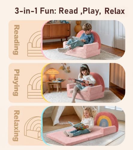 2-in-1 Extra Large Kids Couch Fold Out, Soft Kid Sofa for Playroom, Pink