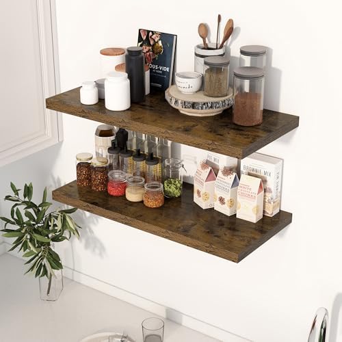 Dreamland 30" Floating Shelves for Wall, 12" Deep Slim Rustic Brown Floating Shelves, Wall-Mounted Shelves for Bedroom, Living Room, Kitchen, Bathroom - Set of 2
