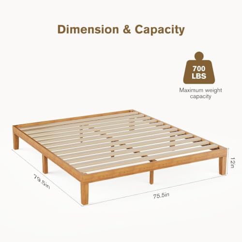 OLIXIS King Size Bed Frame, 12 Inch High Wooden Bed, Underbed Storage