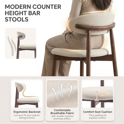 MALOL Counter Height Bar Stools Set of 3, Kitchen Bar Stools with Back, Mid Century Modern Upholstered Barstools with Wood Legs for Kitchen Island Dining Room, Beige