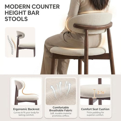MALOL Counter Height Bar Stools Set of 3, Kitchen Bar Stools with Back, Mid Century Modern Upholstered Barstools with Wood Legs for Kitchen Island Dining Room, Beige