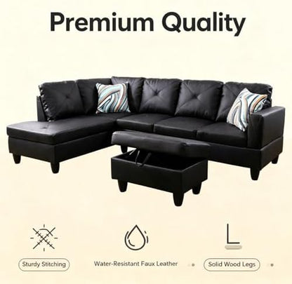 97 inch L-Shape Sofa with Storage Ottoman, Leather Sectional Couch with Left Chaise, Modern 3-Piece Sofa Set, Upholstered Couch Set with Solid Wood Frame for Apartment, Loft, Black
