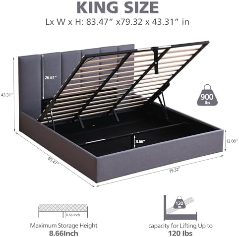 VELOCAVA King Size Upholstered Lift-Up Storage Bed, Dark Gray Linen-Look Fabric Platform Bed with Vertical Panel Headboard, Hydraulic Lift Storage, Wooden Slat Support, No Box Spring Needed