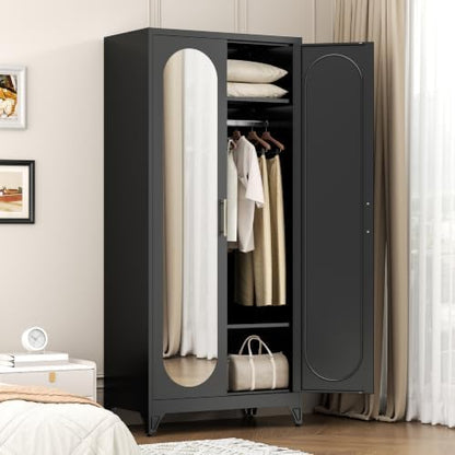 Metal Wardrobe Closet with Mirror Doors and 2 Adjustable Shelves