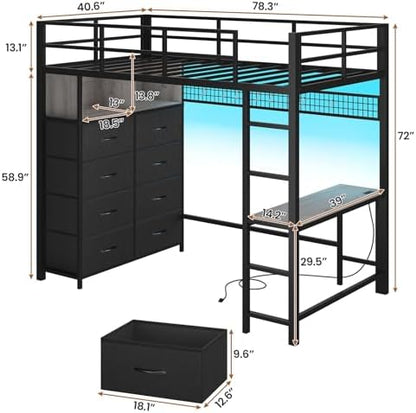 Twin Size Loft Bed with Desk and 8 Storage Drawers, LED Lights