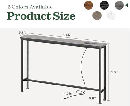 SUPERJARE 39.4 inch Narrow Behind Couch Table with Charging Stations