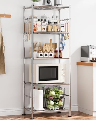 5-Tier Storage Shelves with Hooks, 18.1" x 12.4" x 56.8", Silver