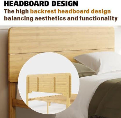 18 Inch Solid Bamboo Wood Full Size Bed Frame with Headboard, Platform Bed Frame Full with Metal Slats, No Box Spring Needed, Easy Assembly, Noise-Free, Natural