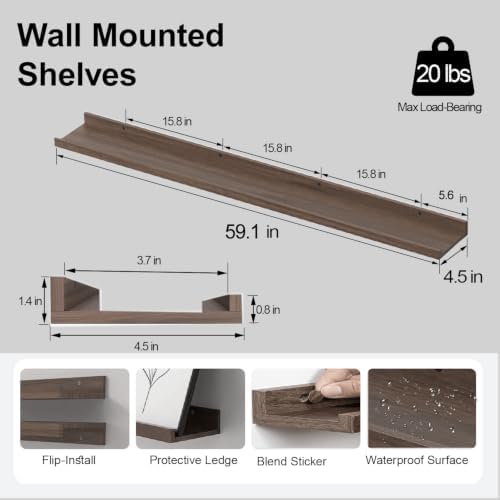 Walnut Floating Shelves for Wall Decor, 60 in Shelf with Lip, 2 Set