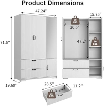 72'' Fluted Armoire Wardrobe Closet with Mirror Door and 2 Drawers,Tall Bedroom Armoire Wardrobe Cabinet with Hanging Rod,Wooden Bedroom Closet with 4 Adjustable Shelves (White)
