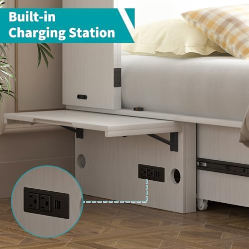 BALUS Queen Murphy Bed, Cabinet Murphy Bed with Large Storage Drawer-White