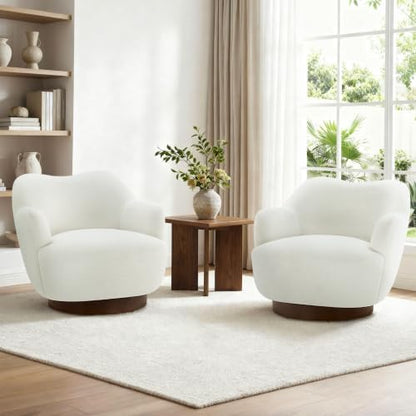Swivel Accent Chair with Curved Arms, Wooden Base, Cream White, Set of 2
