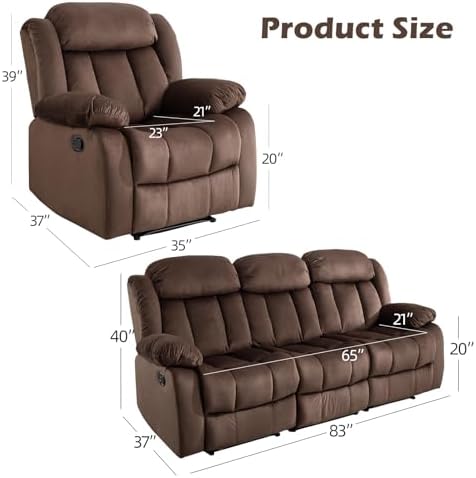 INZOY Manual Reclining Sofa Set, Modern 3 Reclining Sofa Couch for Living Room Furniture, Included Manual Single Recliner Chair and Wall-Hugger 3 Seat Recliner Sofa Coach, Brown, 1+3