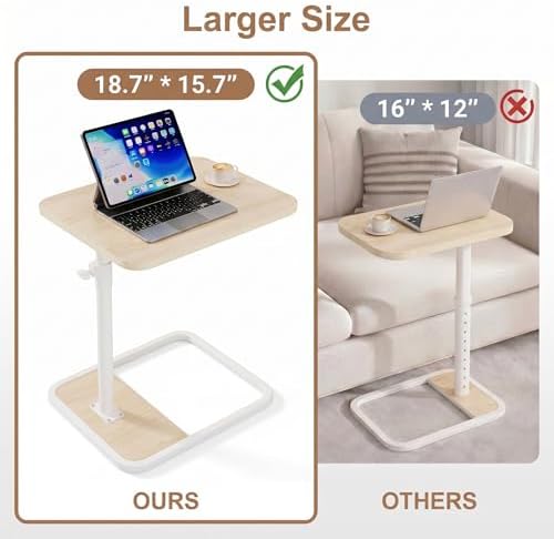 Extra Large TV Tray Table Set of 2, C-Shaped Side Table with Adjustable Height & Rounded Corners, Snack Table for Couch, Bed or Recliner, for Laptop, Eating & Working, Oak