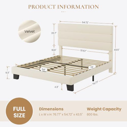 SHA CERLIN Full Platform Bed Frame with Upholstered Velvet Headboard, Cream